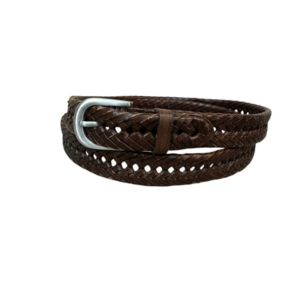 Brown Braided Leather Belt Mens 44 Silver Buckle Woven RN130273 51 Inch